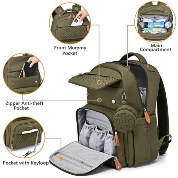 Diaper Bag Backpack with Changing Pad, Multifunction Waterproof Bag, Army Green - Picture 5 of 6
